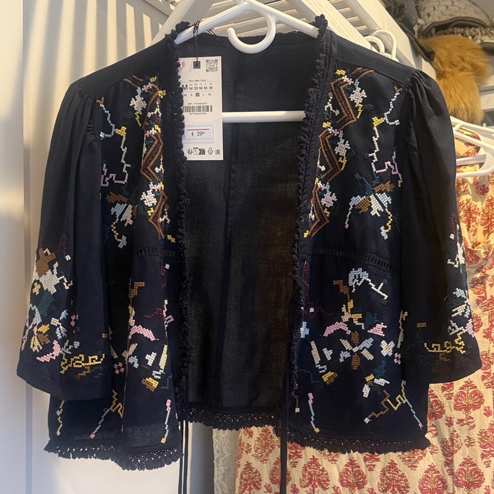 Zara Black Embroidered Open-Front Jacket